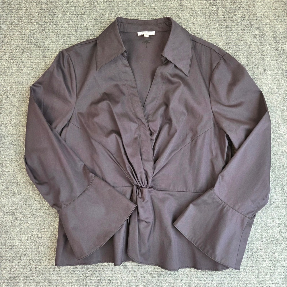 Tyler Boe Black Cotton Twist Front Peplum Blouse Bell Sleeve Size Large
